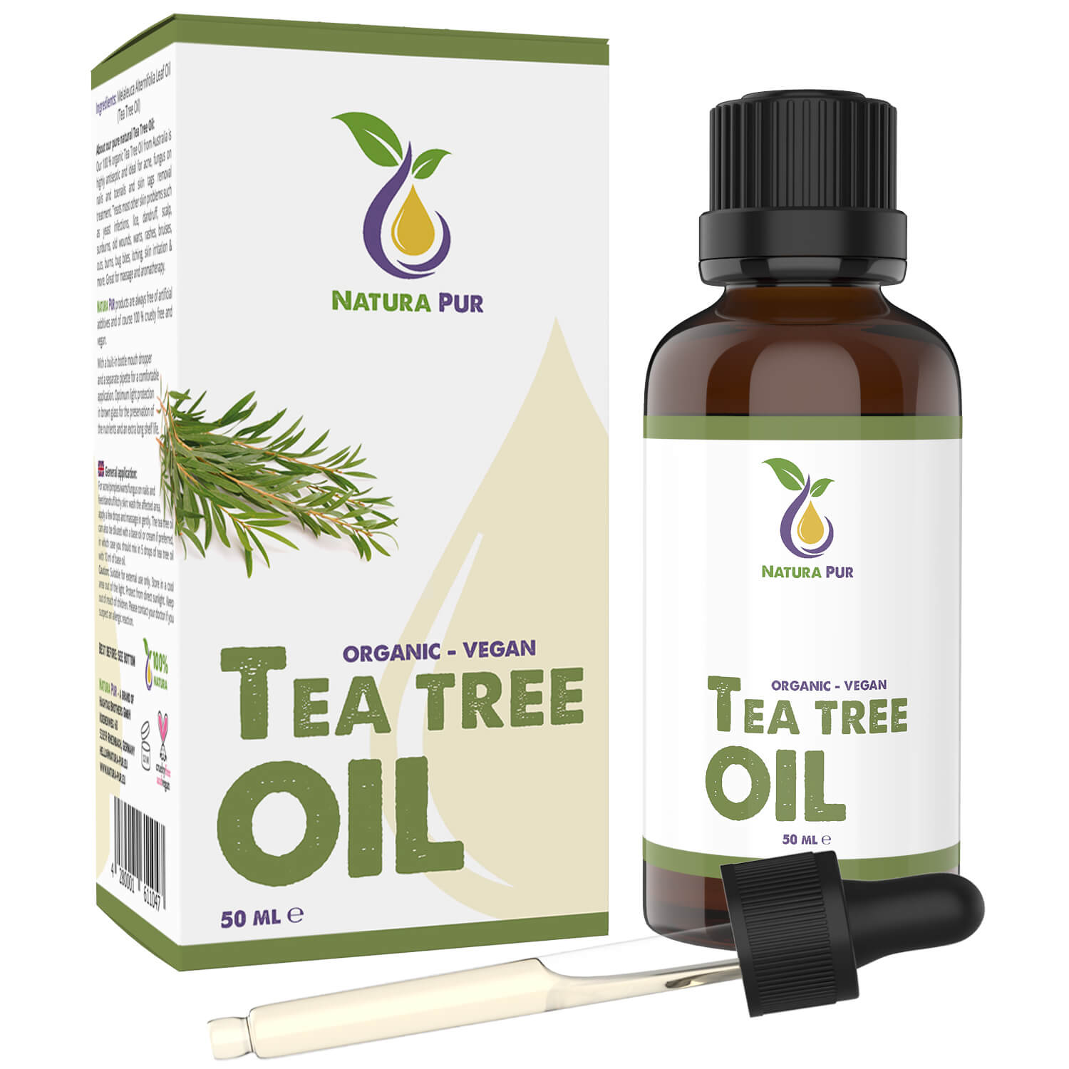 Teebaumöl BIO 50ml mit Pipette - 100% naturreines ätherisches Öl, vegan